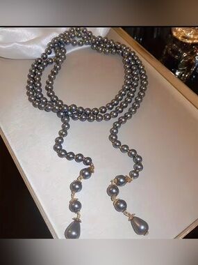 Handmade Gray Faux Pearl Lariat Necklace with Gold Accents - Women Jewelry